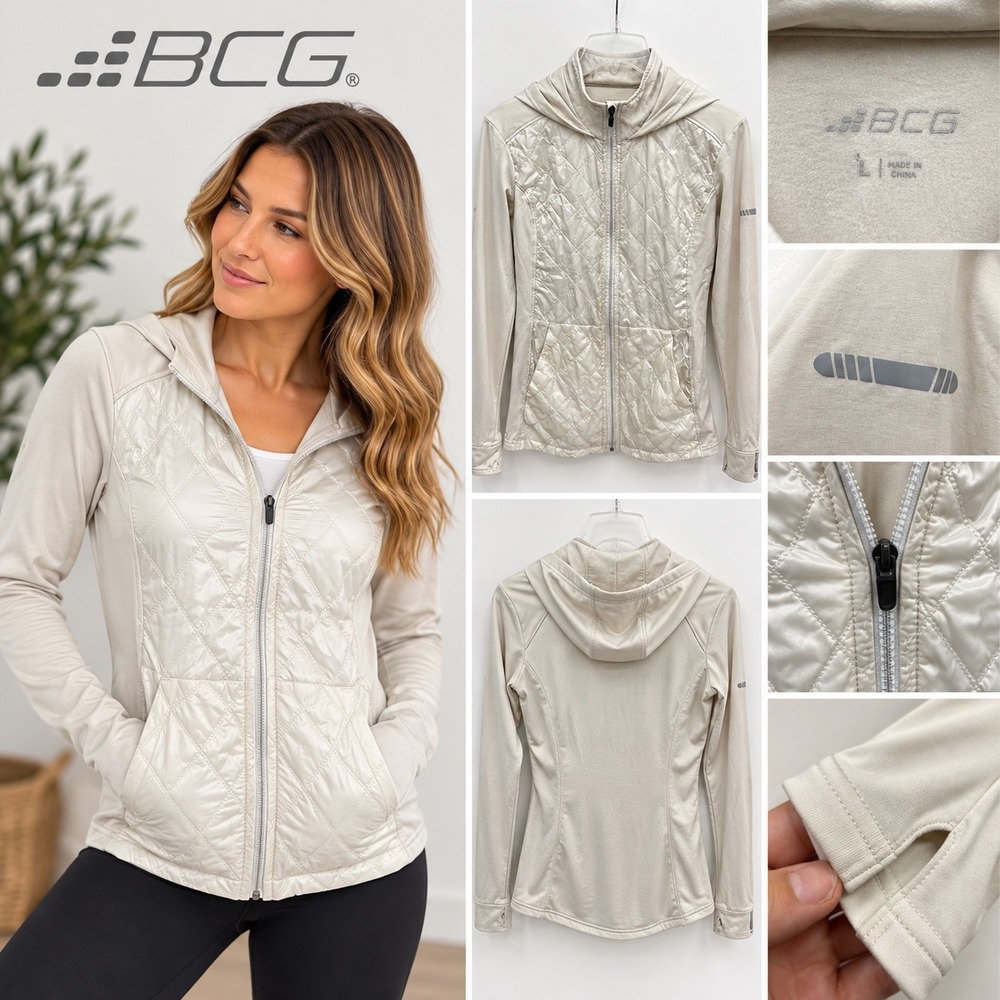 BCG Womens Cream Hybrid Quilted Full Zip Hooded Jacket Thumbholes Large